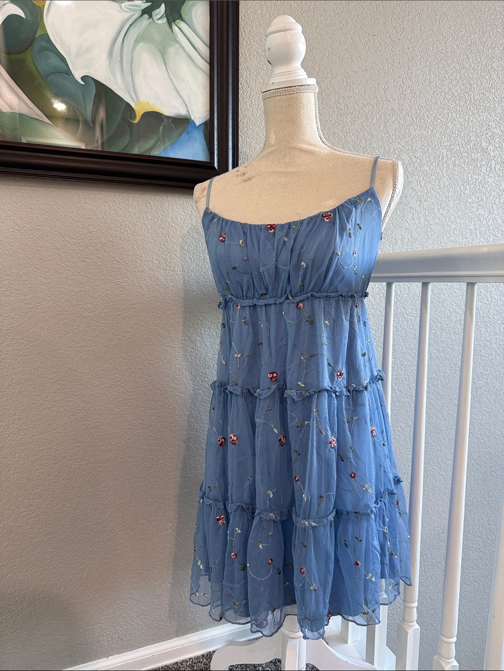 Trixxi Blue Tiered Mini Dress with Red Floral Embroidery